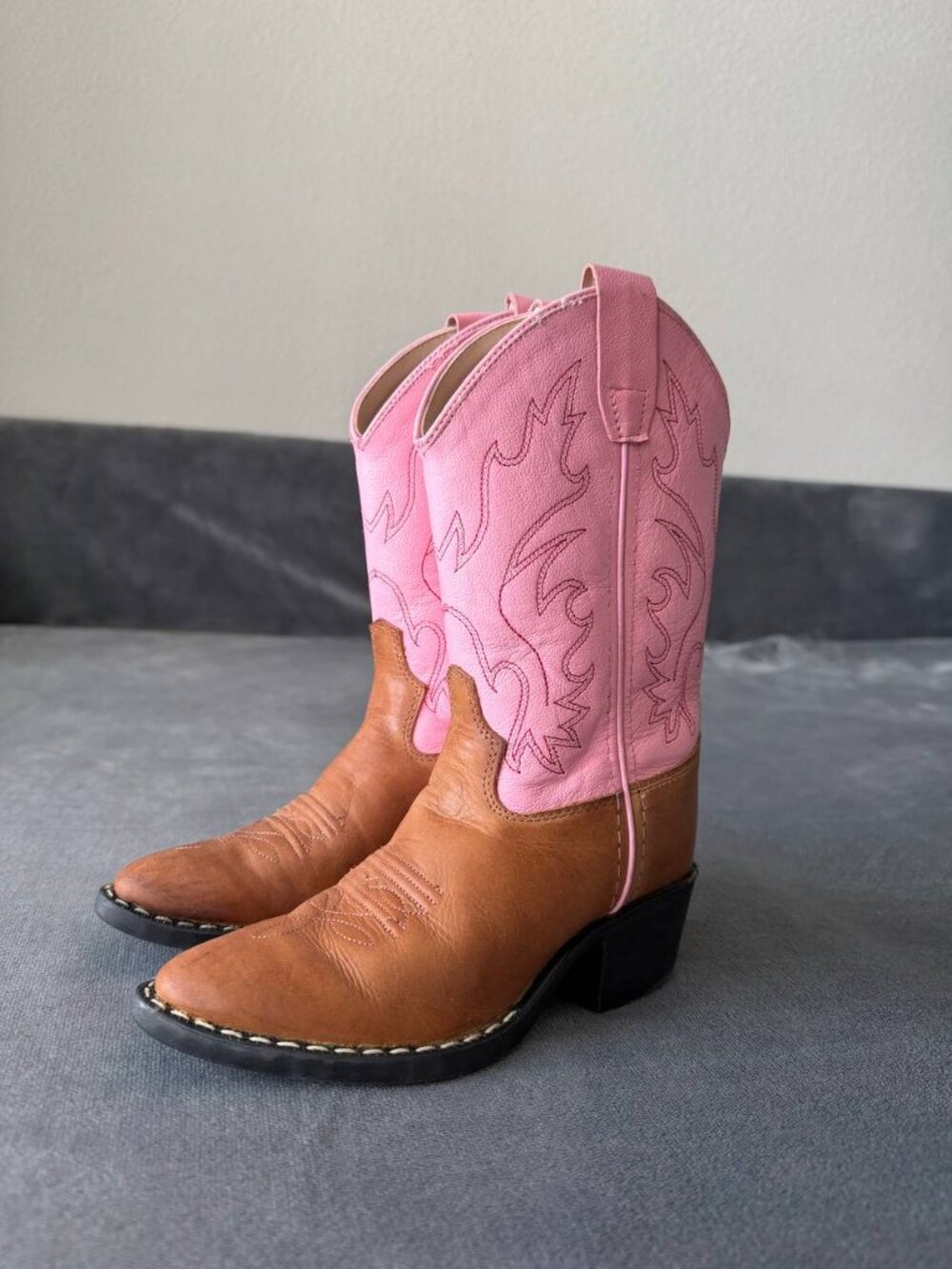 Old West Brown Pink Leather Cowboy Boots Youth Size 11.5 D Style 8139